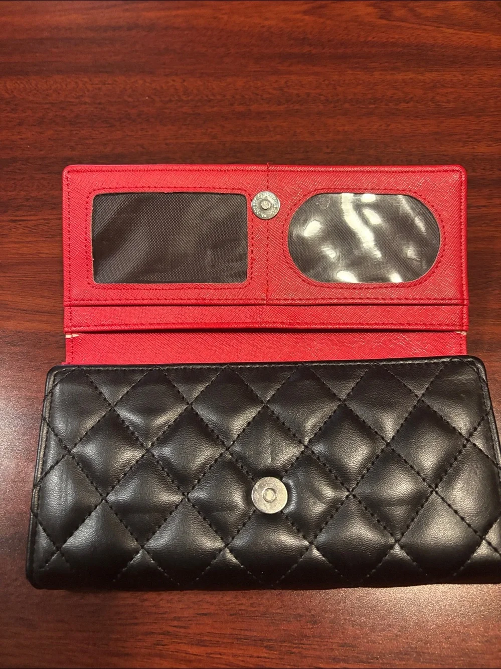 CHANEL Black Quilted Leather Wallet with Red Trim